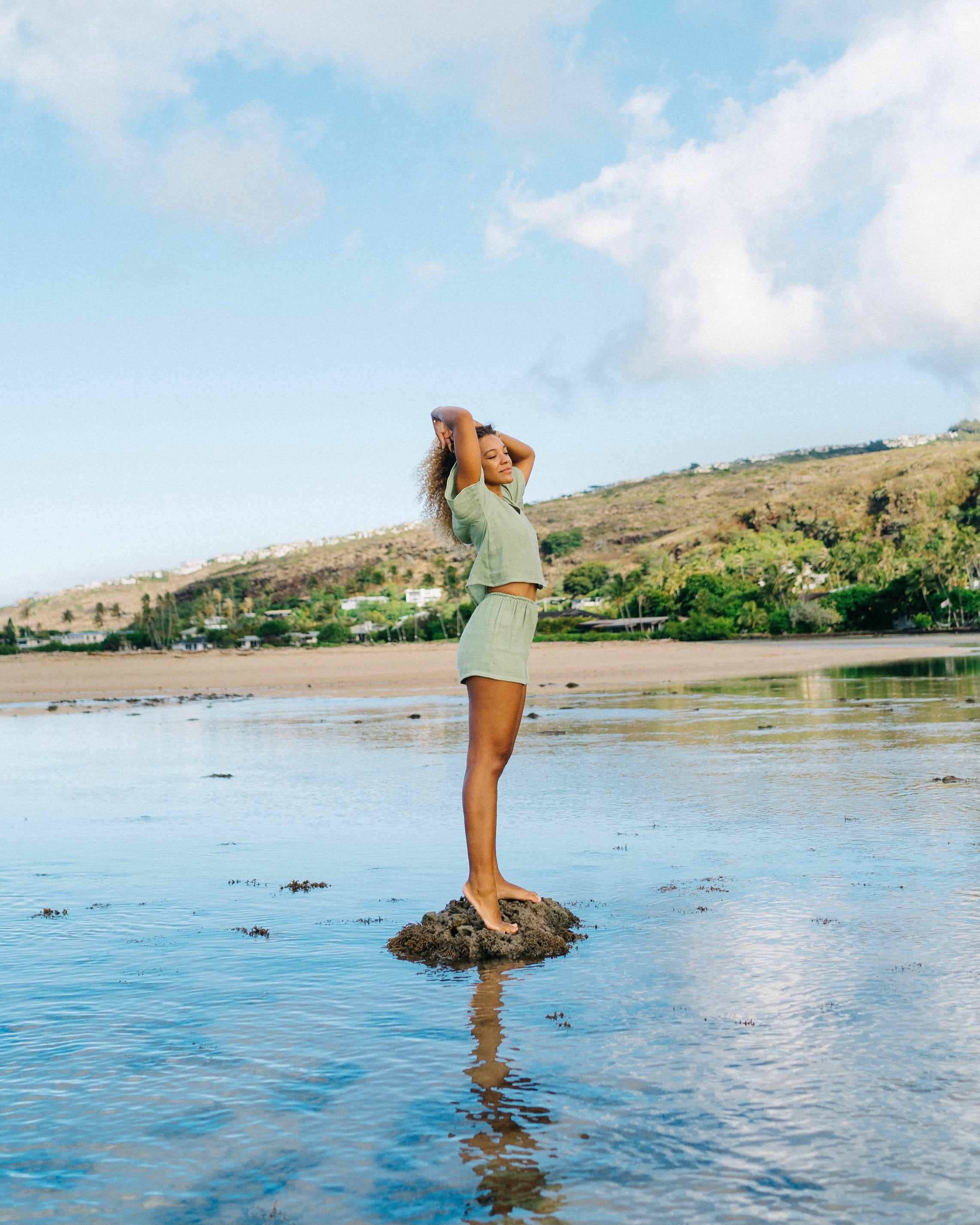 Girl wearing monochrome short sleeve top and shorts set in double gauze mint.