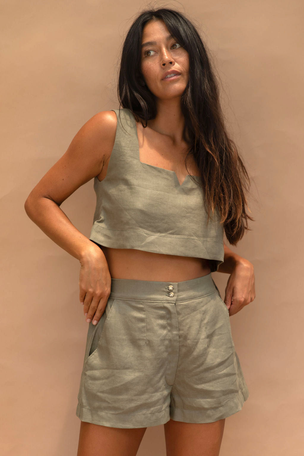 Billie Linen Top Olive