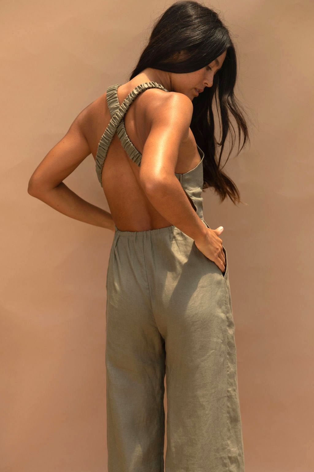 Raglan Linen Jumpsuit Olive