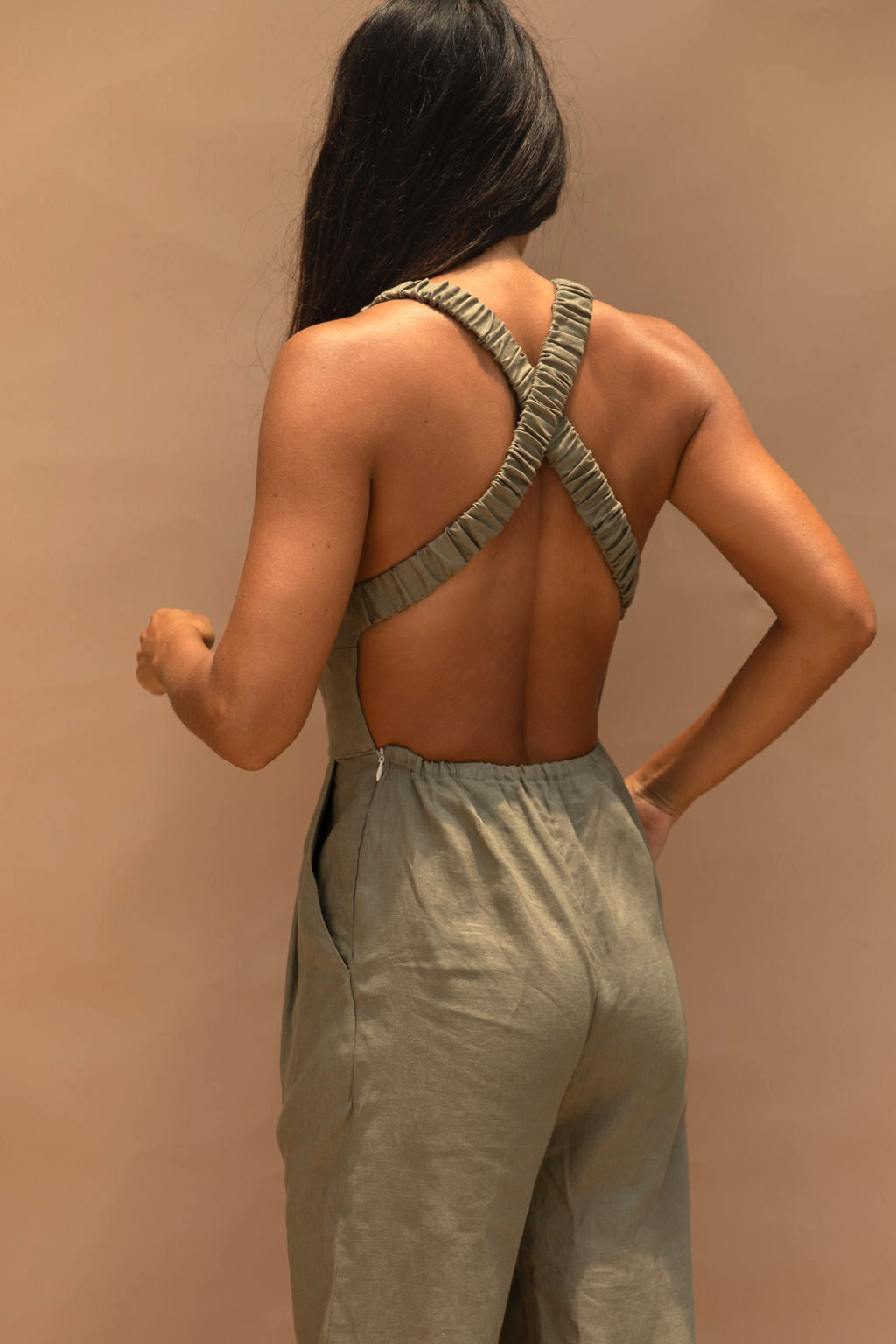 Raglan Linen Jumpsuit Olive
