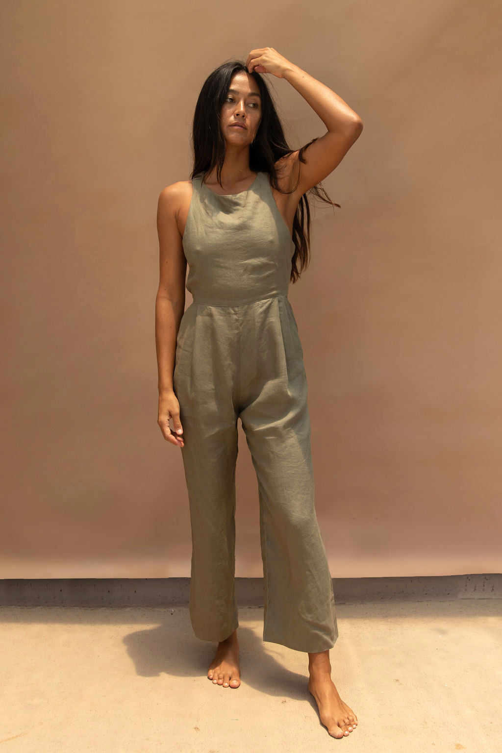 Raglan Linen Jumpsuit Olive