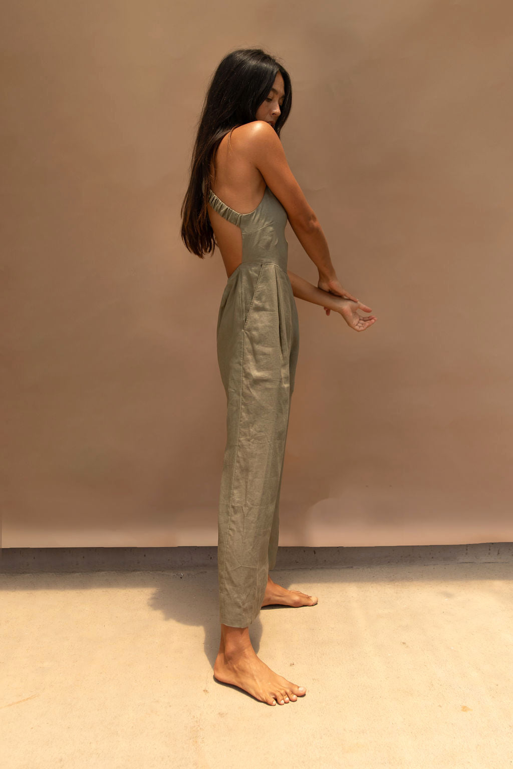 Raglan Linen Jumpsuit Olive