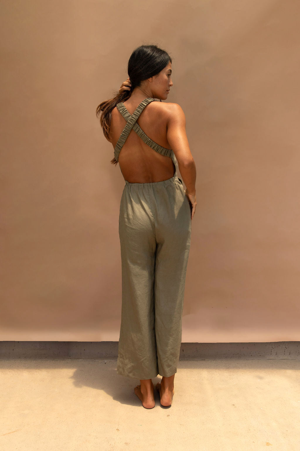 Raglan Linen Jumpsuit Olive