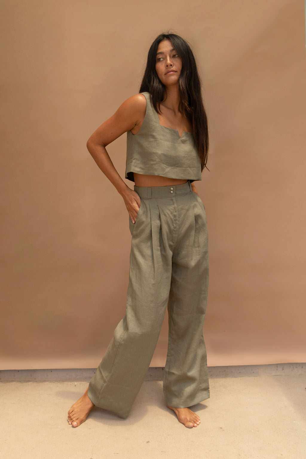 Billie Linen Top Olive