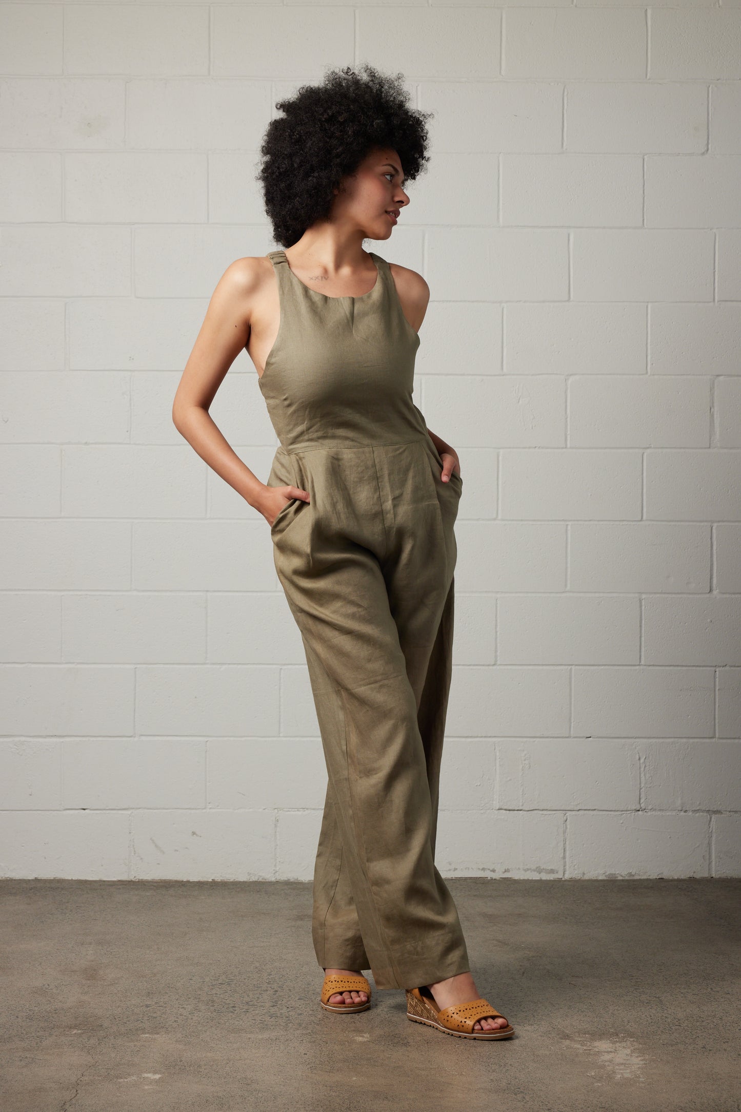 Raglan Linen Jumpsuit Olive