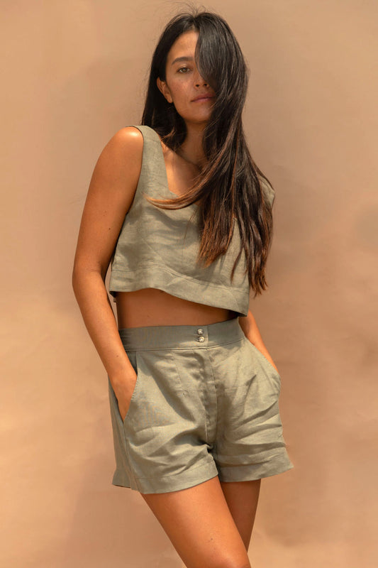 Billie Linen Top Olive