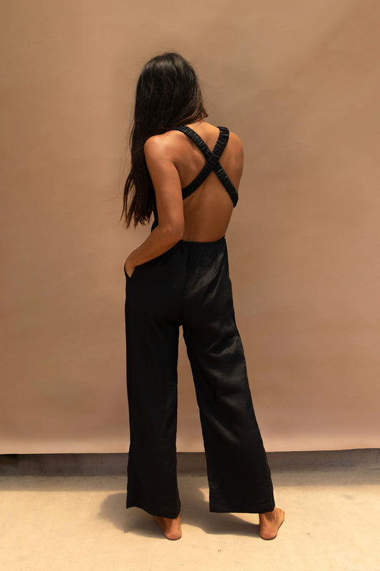Raglan Linen Jumpsuit Black